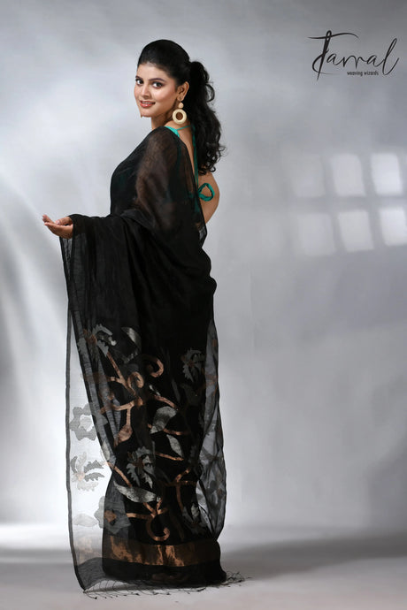 Black with silver & golden silk linen handwoven jamdani saree