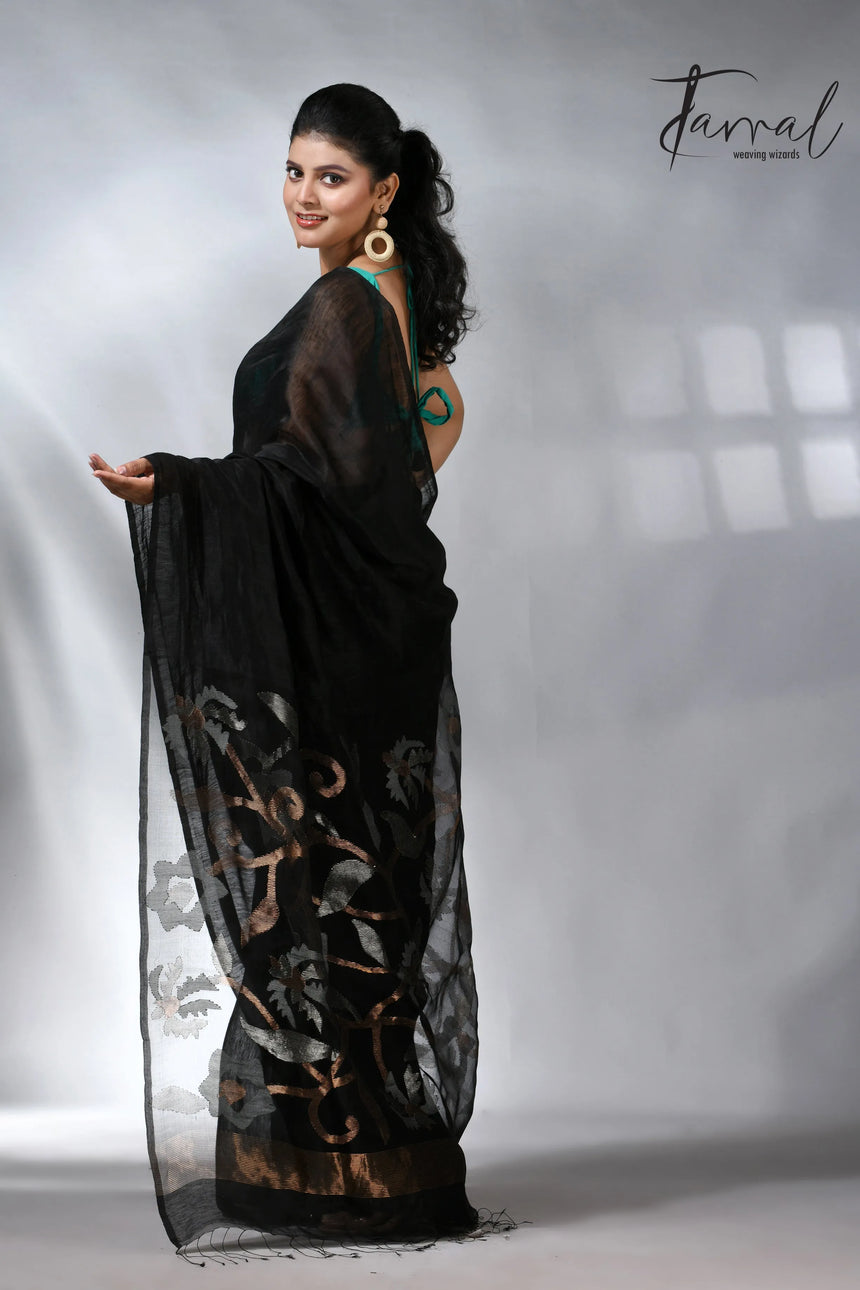 Black with silver & golden silk linen handwoven jamdani saree