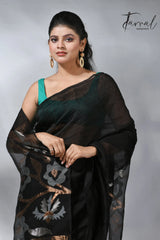 Black with silver & golden silk linen handwoven jamdani saree