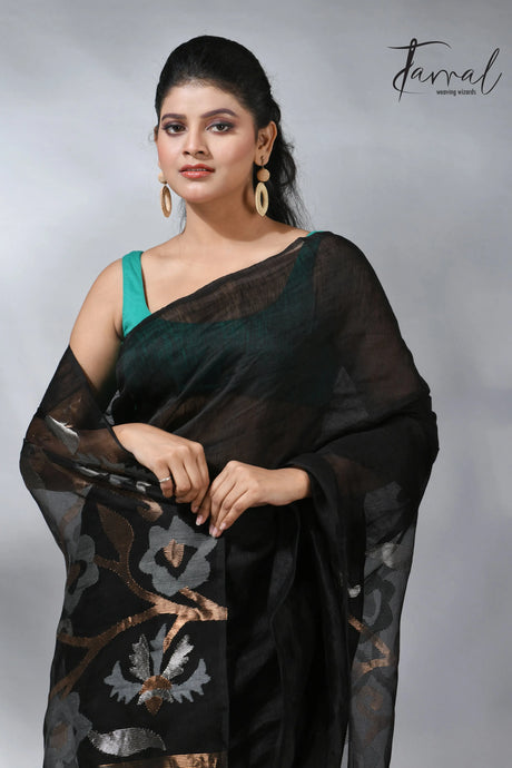 Black with silver & golden silk linen handwoven jamdani saree