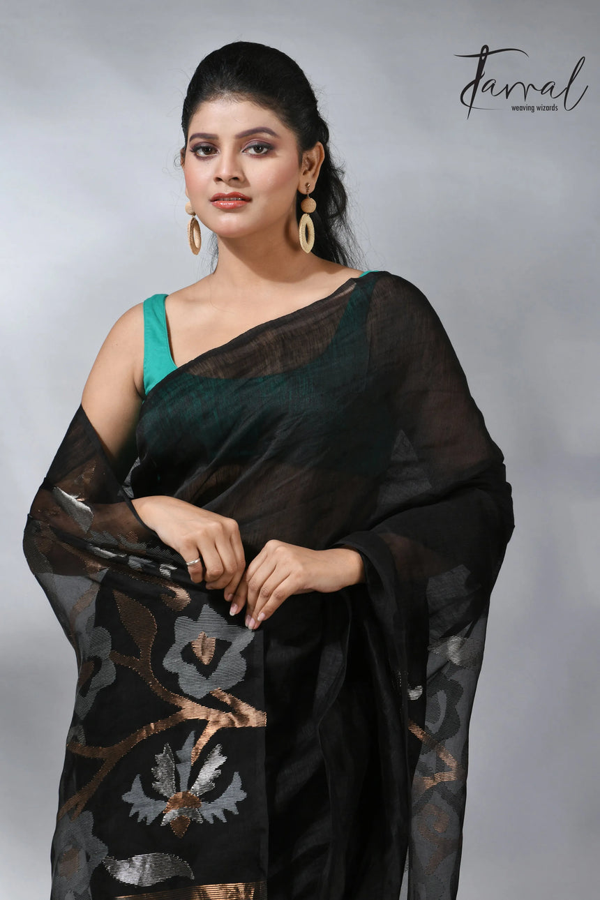 Black with silver & golden silk linen handwoven jamdani saree