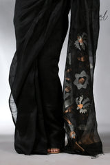 Black with silver & golden silk linen handwoven jamdani saree