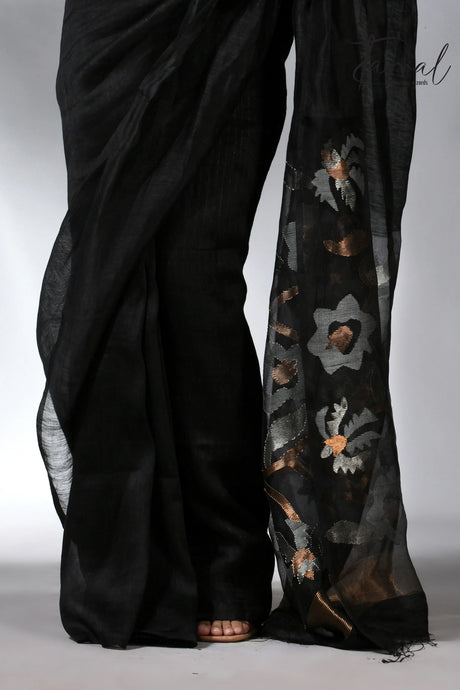 Black with silver & golden silk linen handwoven jamdani saree