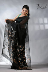 Black with silver & golden silk linen handwoven jamdani saree