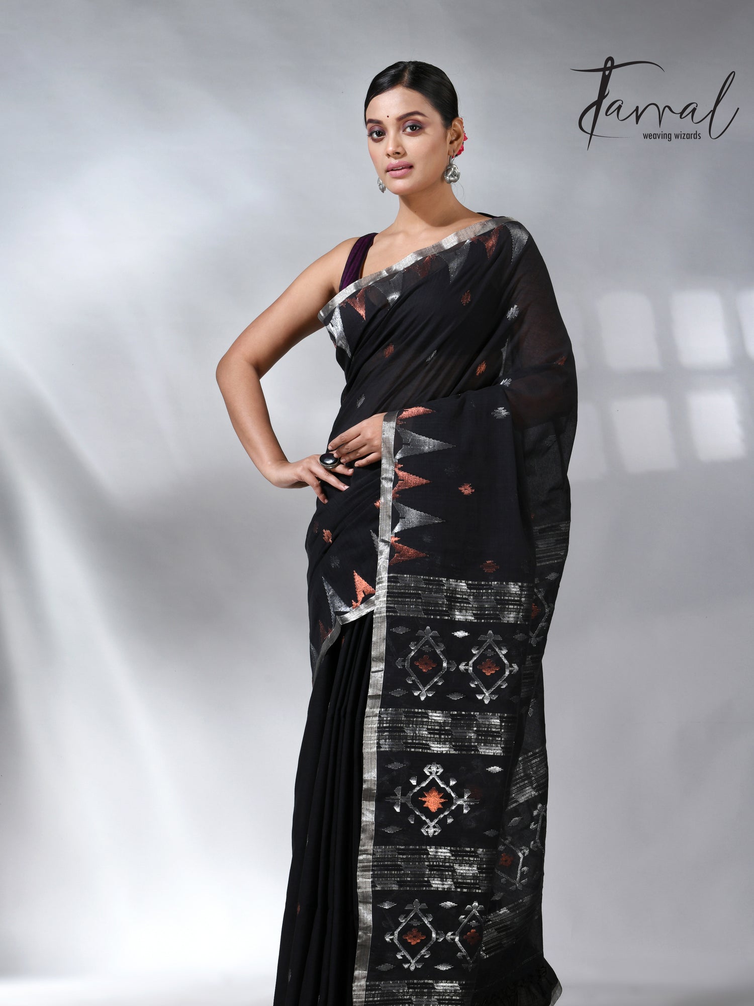 Black with silver zari border cotton handwoven jamdani saree