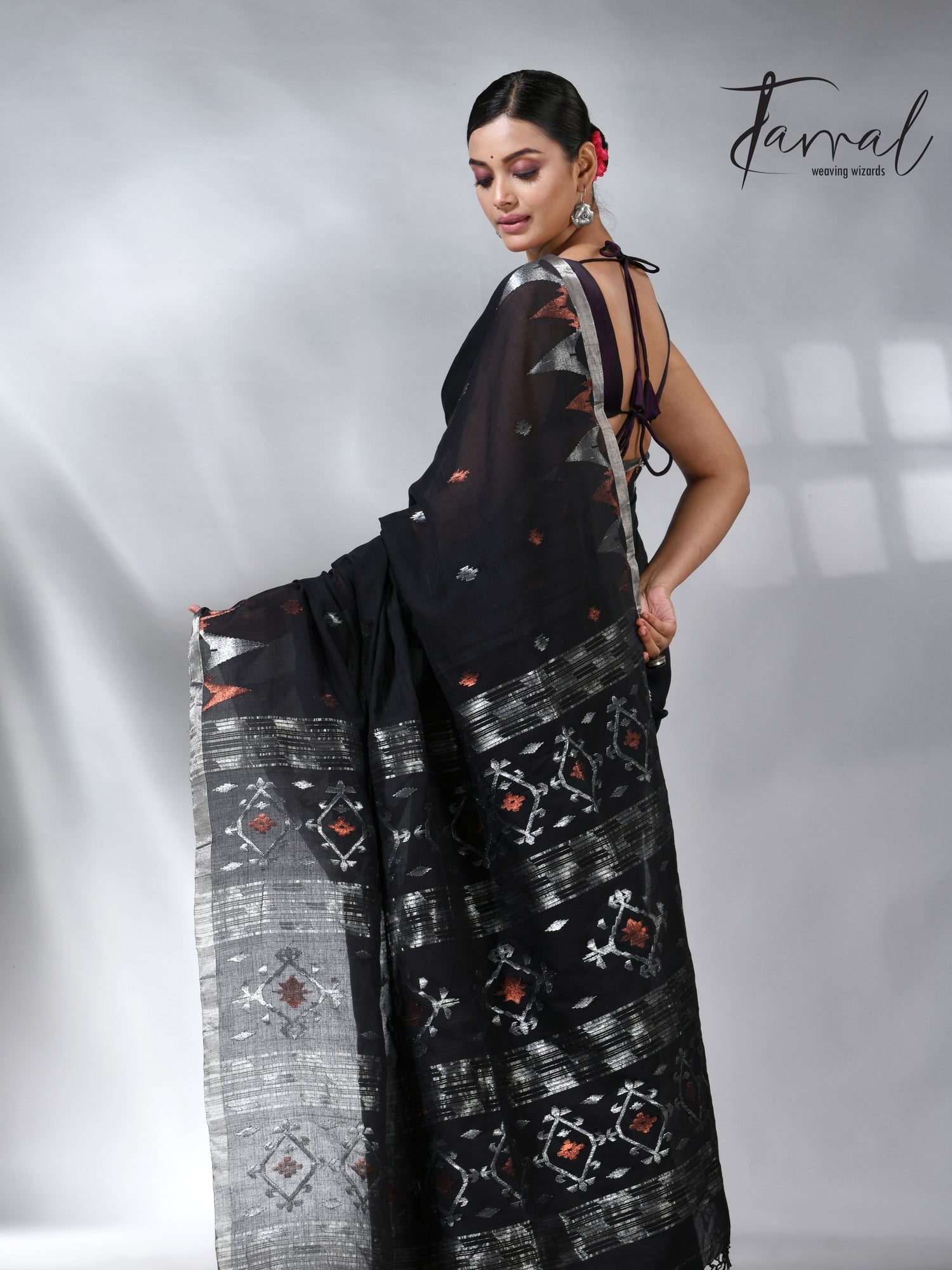 Black with silver zari border cotton handwoven jamdani saree