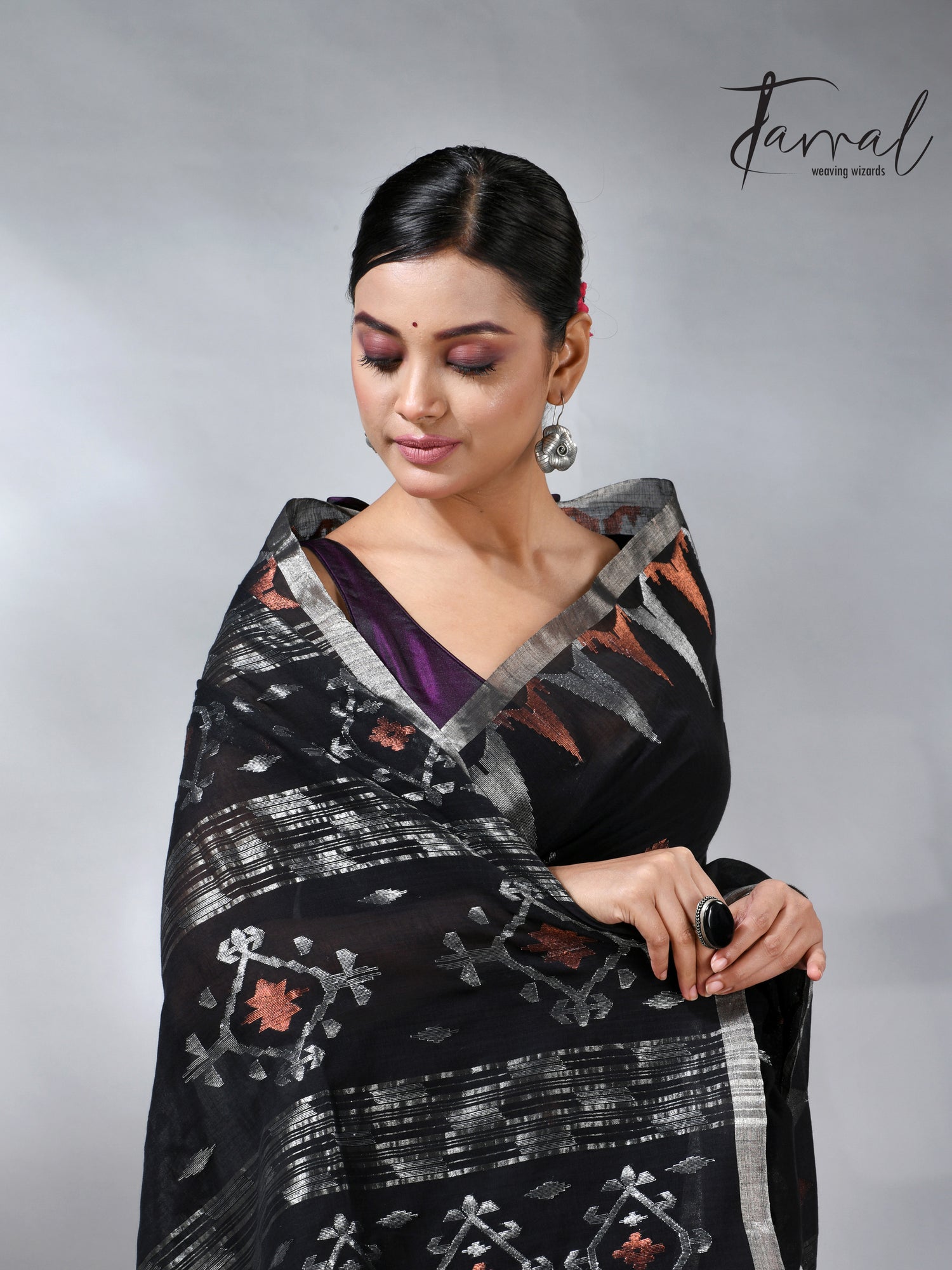 Black with silver zari border cotton handwoven jamdani saree