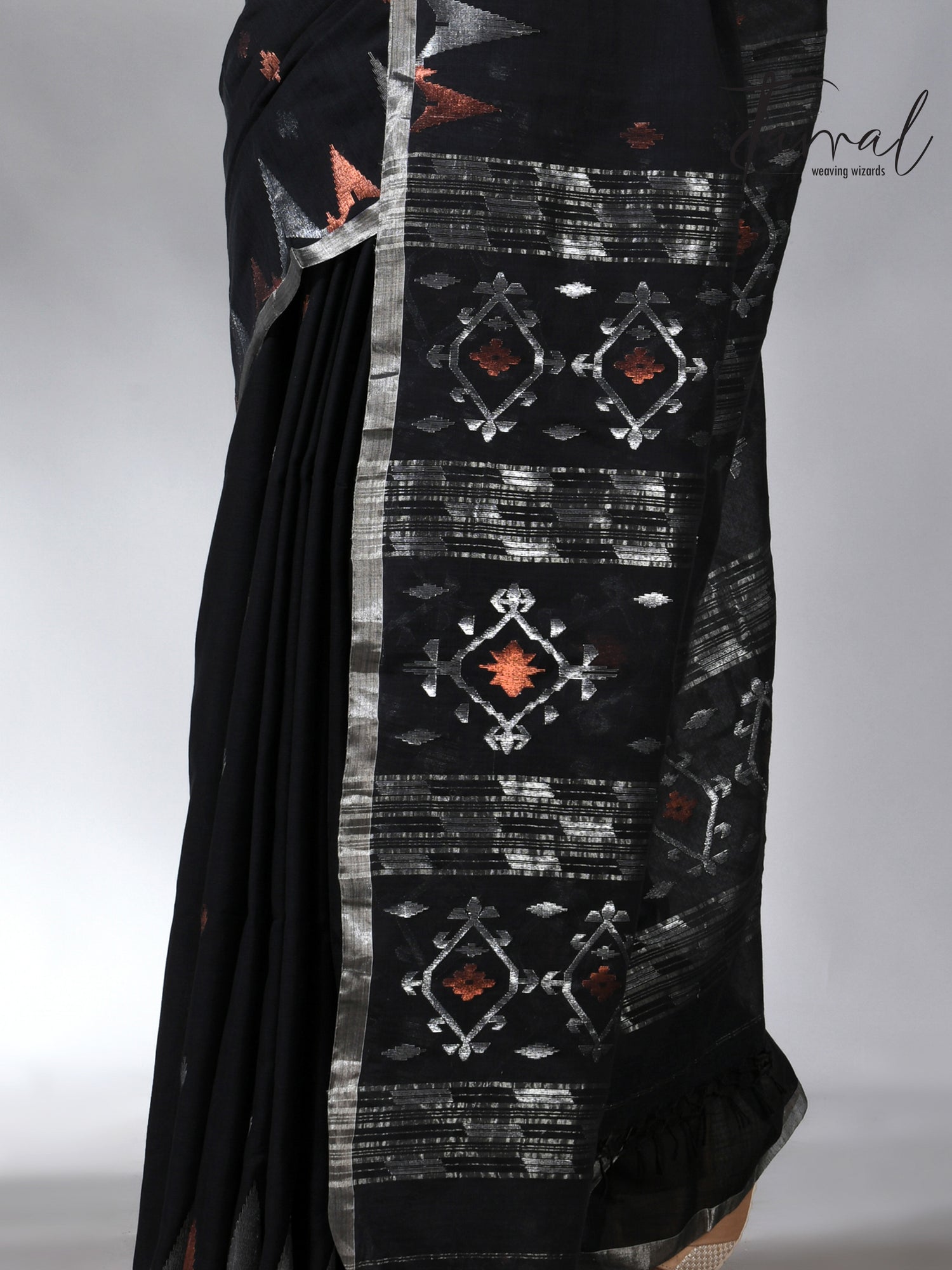 Black with silver zari border cotton handwoven jamdani saree