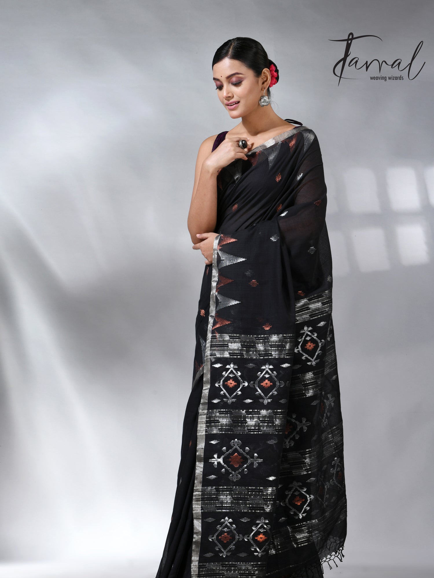 Black with silver zari border cotton handwoven jamdani saree