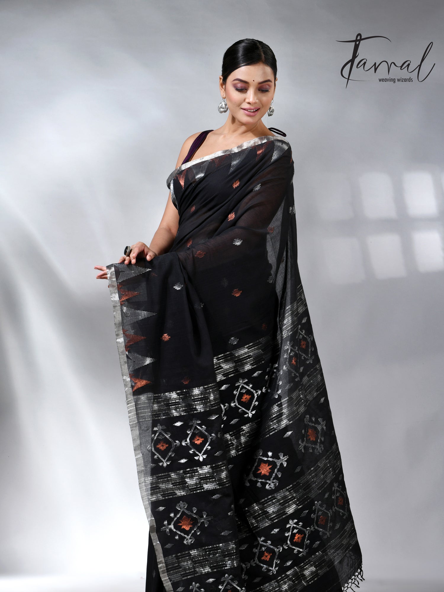 Black with silver zari border cotton handwoven jamdani saree