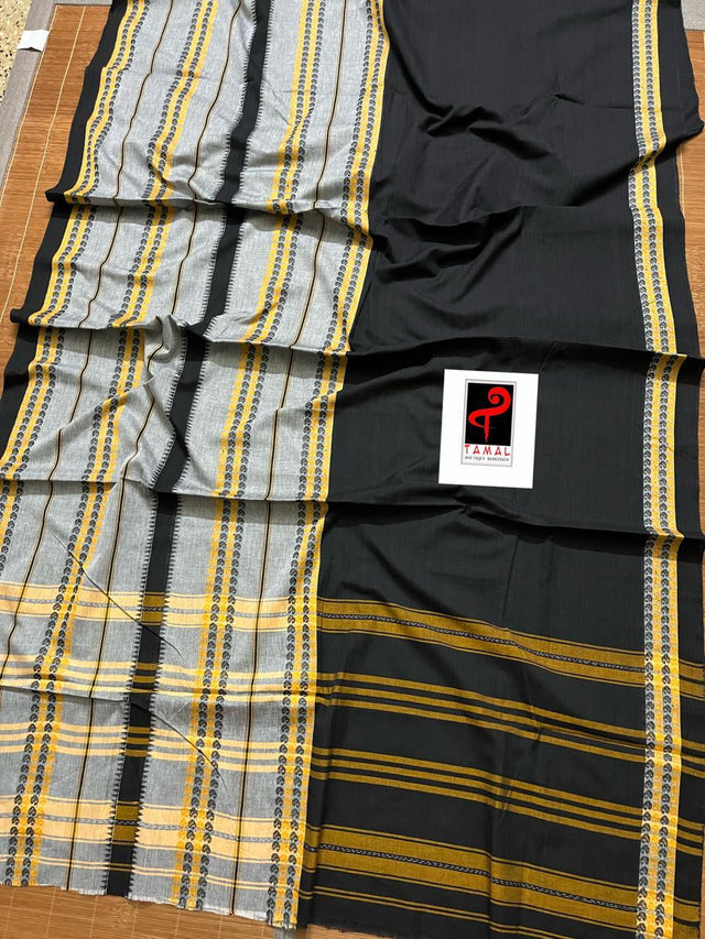 Black with ash and yellow dhonekhali cotton handloom saree - Tamal Boutique
