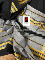 Black with ash and yellow dhonekhali cotton handloom saree - Tamal Boutique