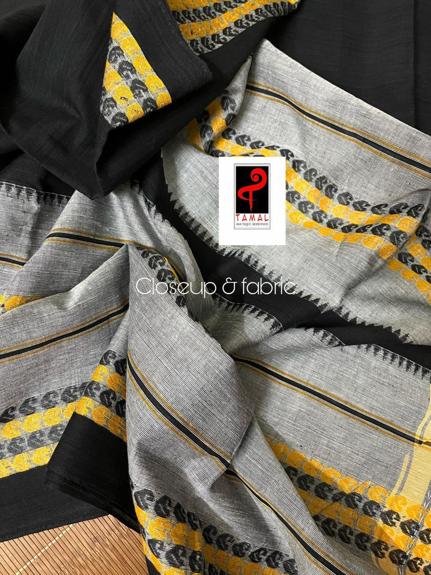 Black with ash and yellow dhonekhali cotton handloom saree - Tamal Boutique