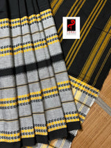 Black with ash and yellow dhonekhali cotton handloom saree - Tamal Boutique