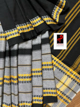 Black with ash and yellow dhonekhali cotton handloom saree - Tamal Boutique
