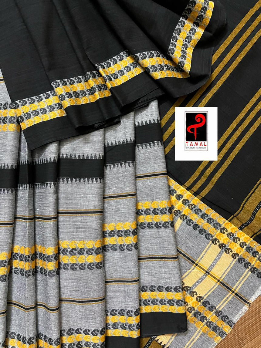 Black with ash and yellow dhonekhali cotton handloom saree - Tamal Boutique