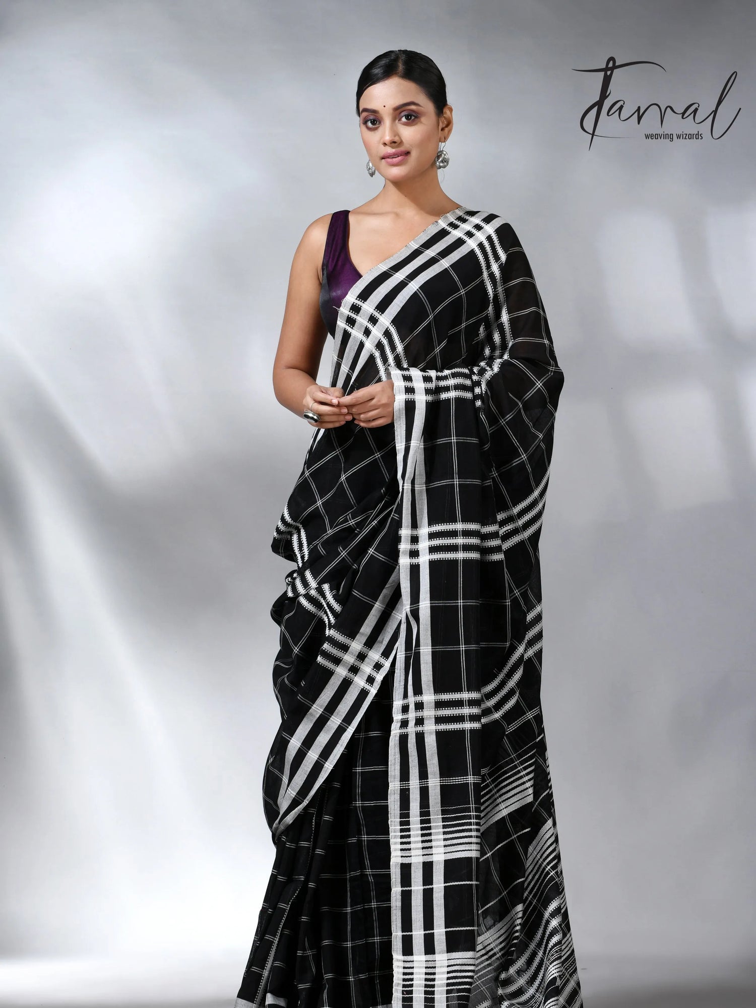 Black with white border checks bhujodi cotton handloom saree