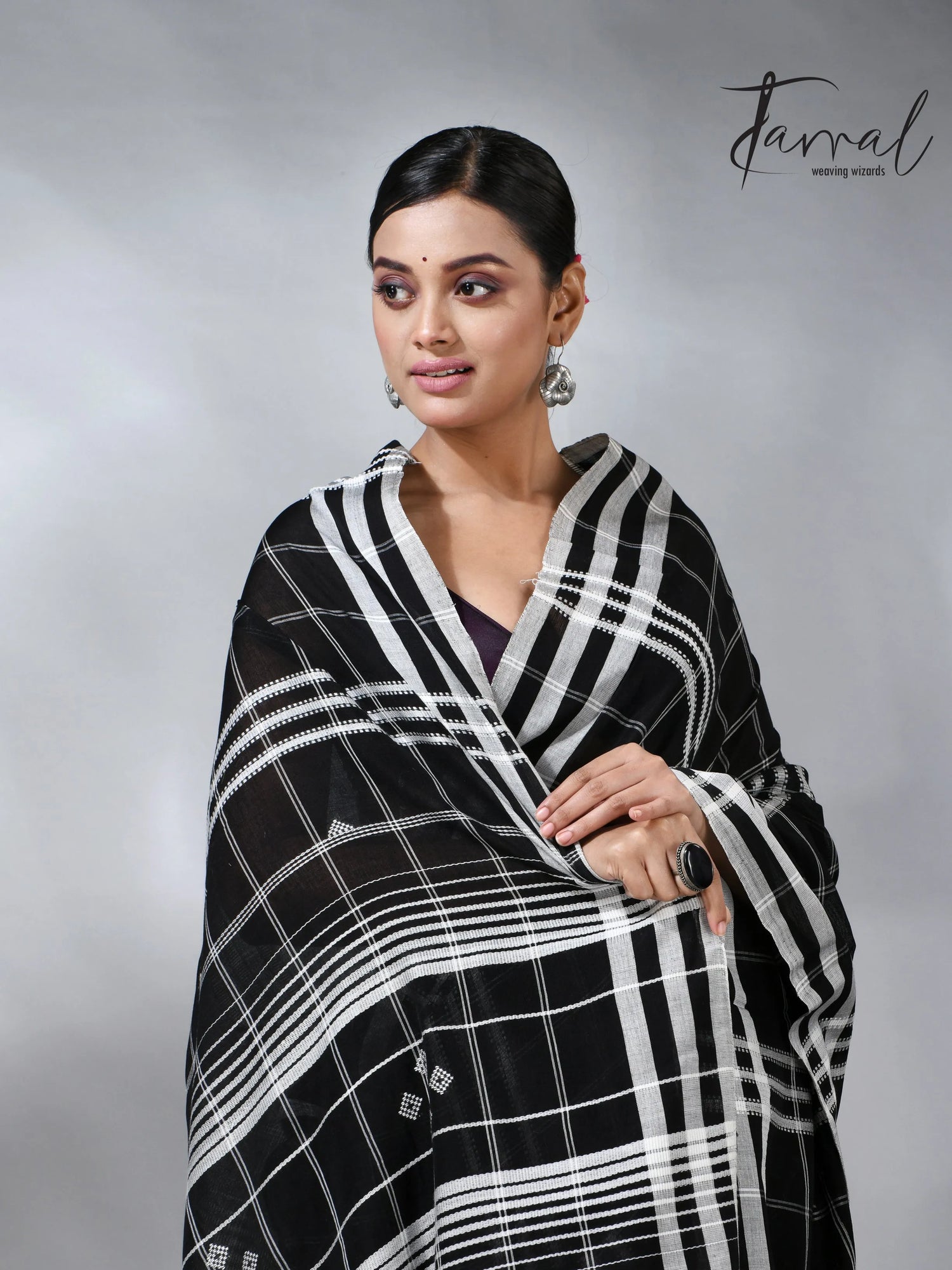 Black with white border checks bhujodi cotton handloom saree