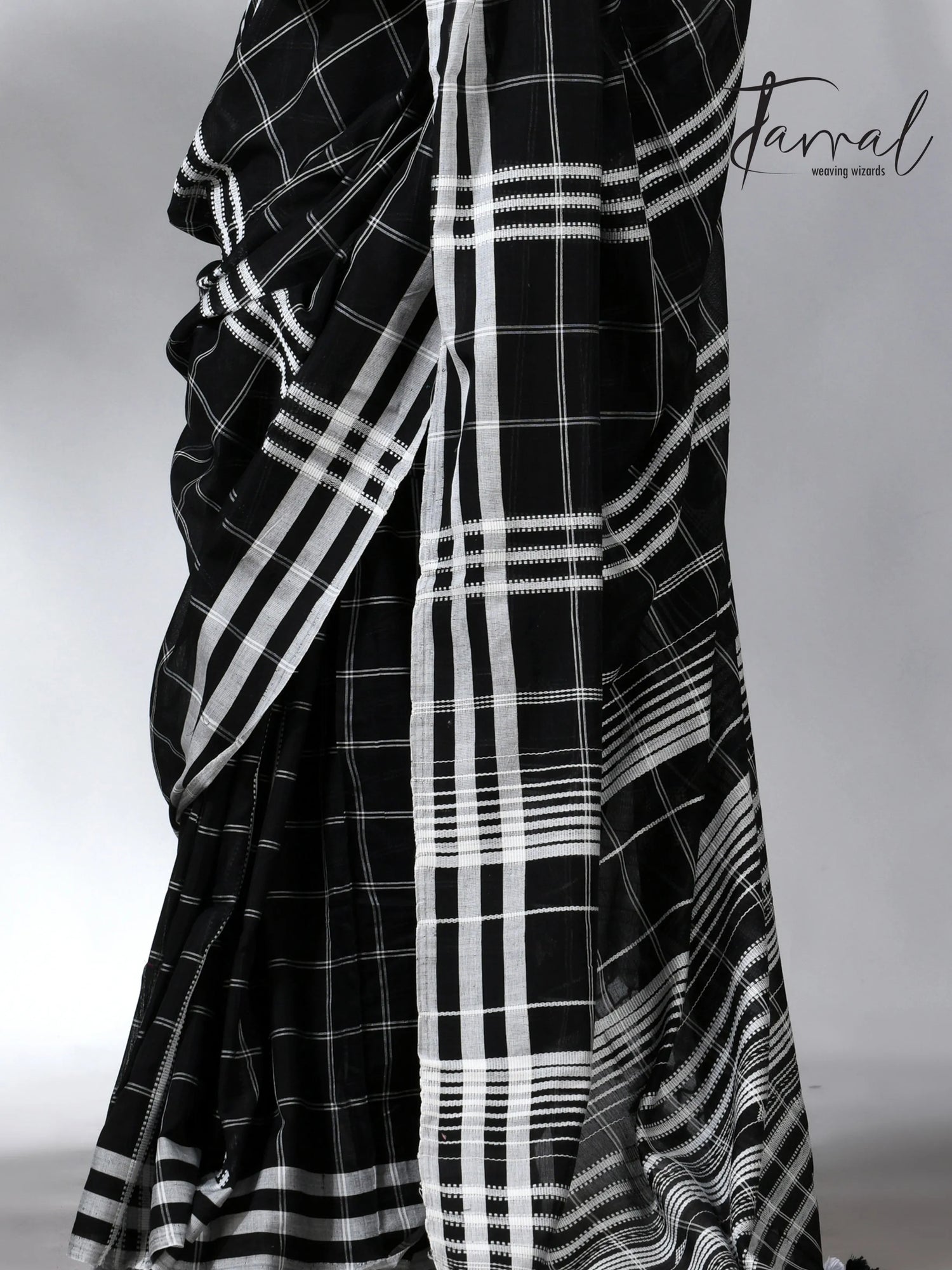 Black with white border checks bhujodi cotton handloom saree