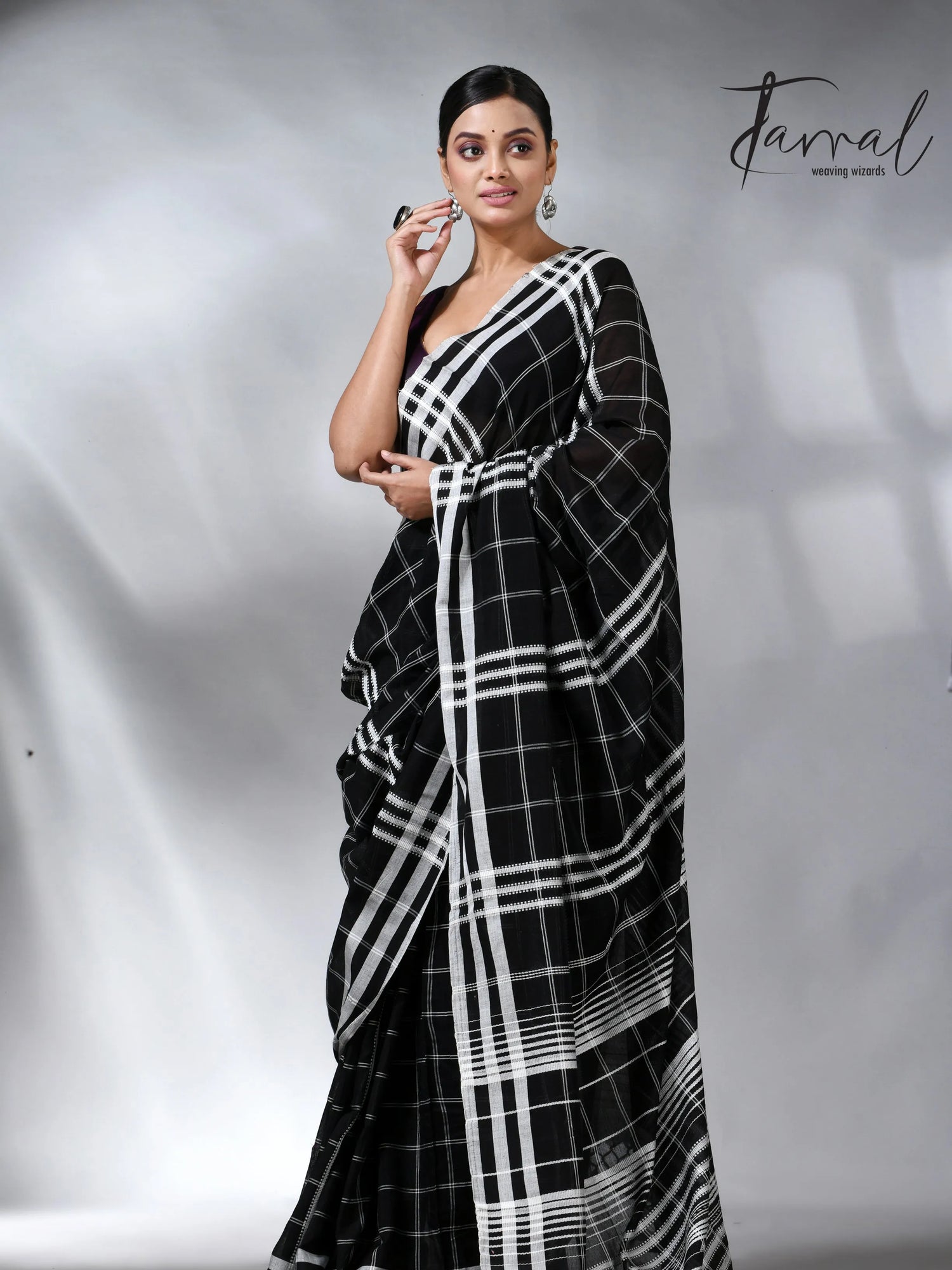 Black with white border checks bhujodi cotton handloom saree