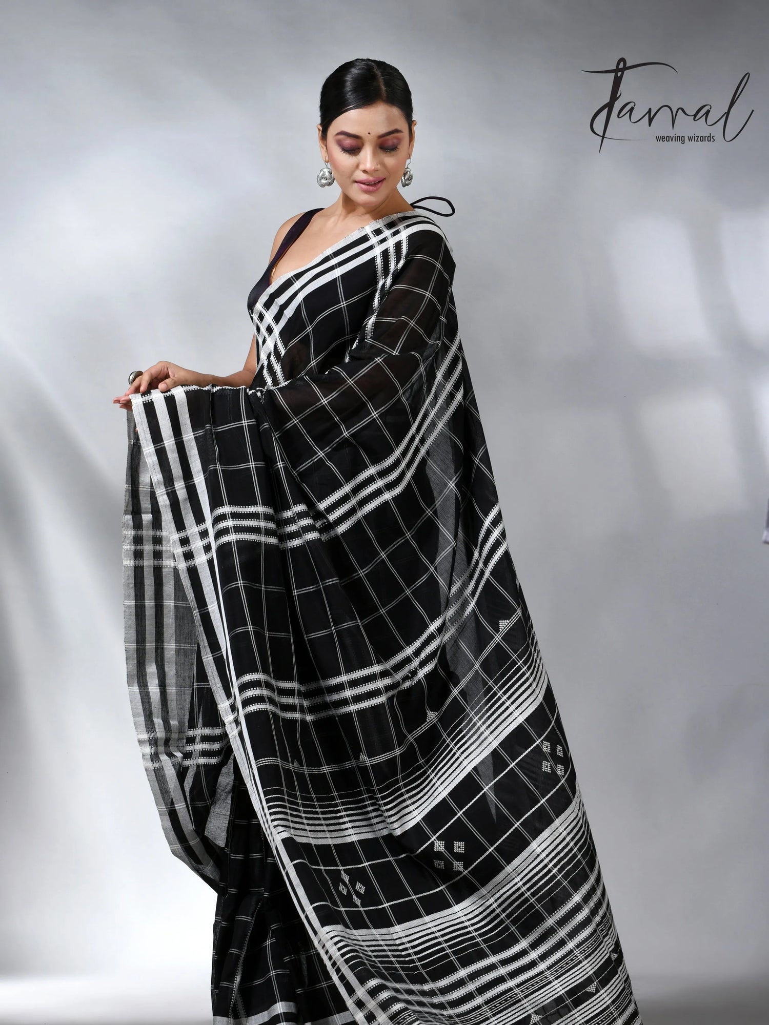 Black with white border checks bhujodi cotton handloom saree