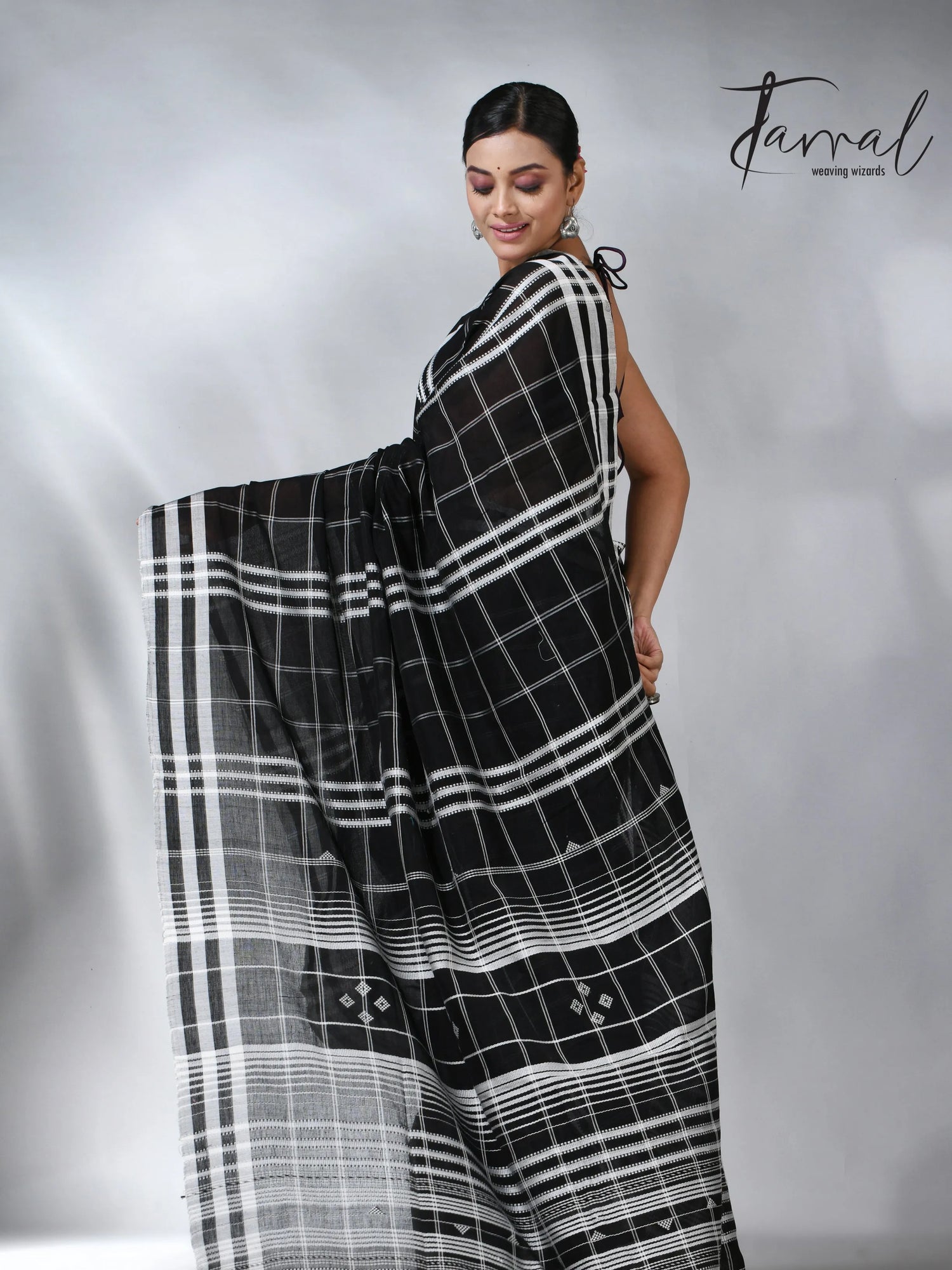 Black with white border checks bhujodi cotton handloom saree