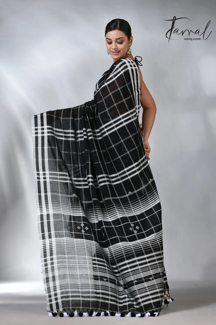 Black with white border checks bhujodi cotton handloom saree