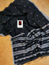 Black with white border fish motifs cotton handwoven jamdani saree - Tamal Boutique