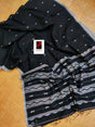 Black with white border fish motifs cotton handwoven jamdani saree - Tamal Boutique