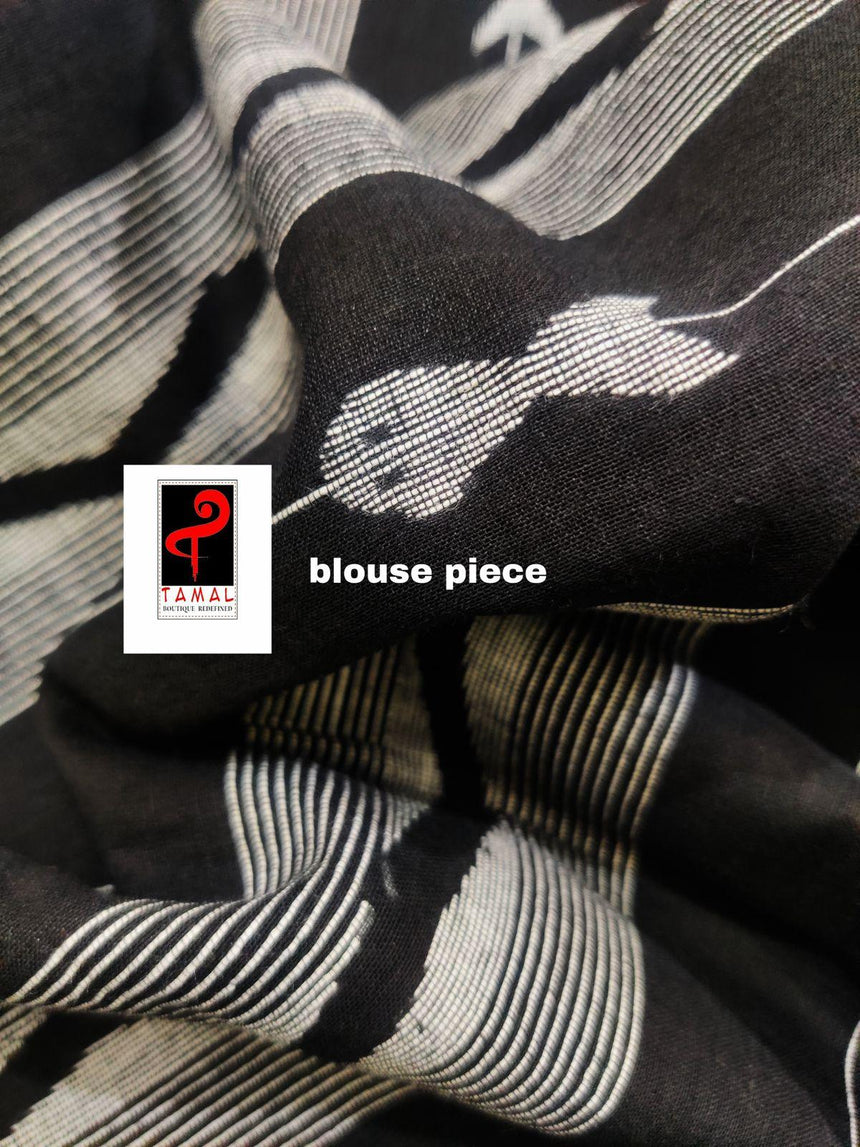 Black with white border fish motifs cotton handwoven jamdani saree - Tamal Boutique