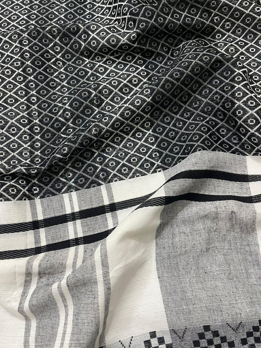 Black with white pineapple design in fulia cotton handloom saree - Tamal Boutique