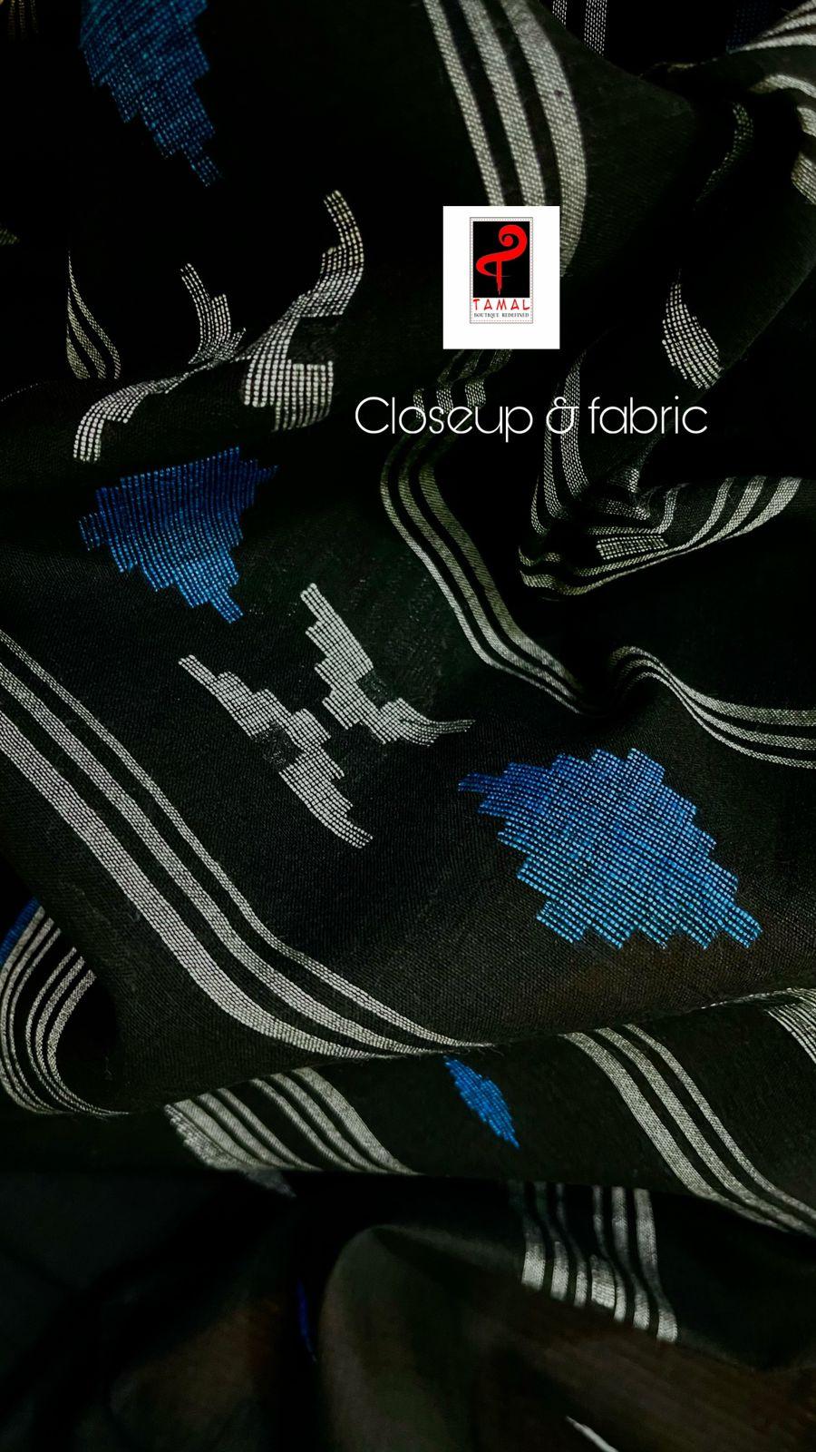 Black with white diamond motifs cotton handwoven jamdani saree