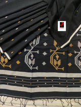 Black with white border pure cotton handwoven jamdani saree - Tamal Boutique