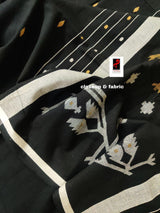 Black with white border pure cotton handwoven jamdani saree - Tamal Boutique