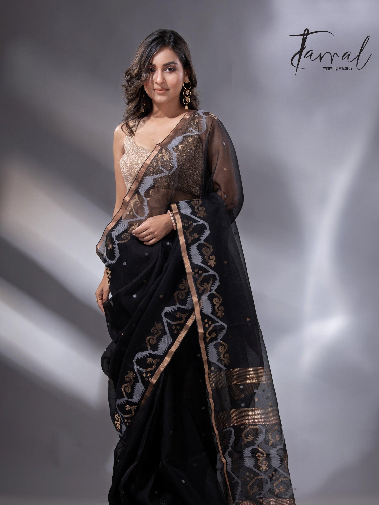 Black with zari border traditional handwoven muslin silk jamdani saree - Tamal Boutique