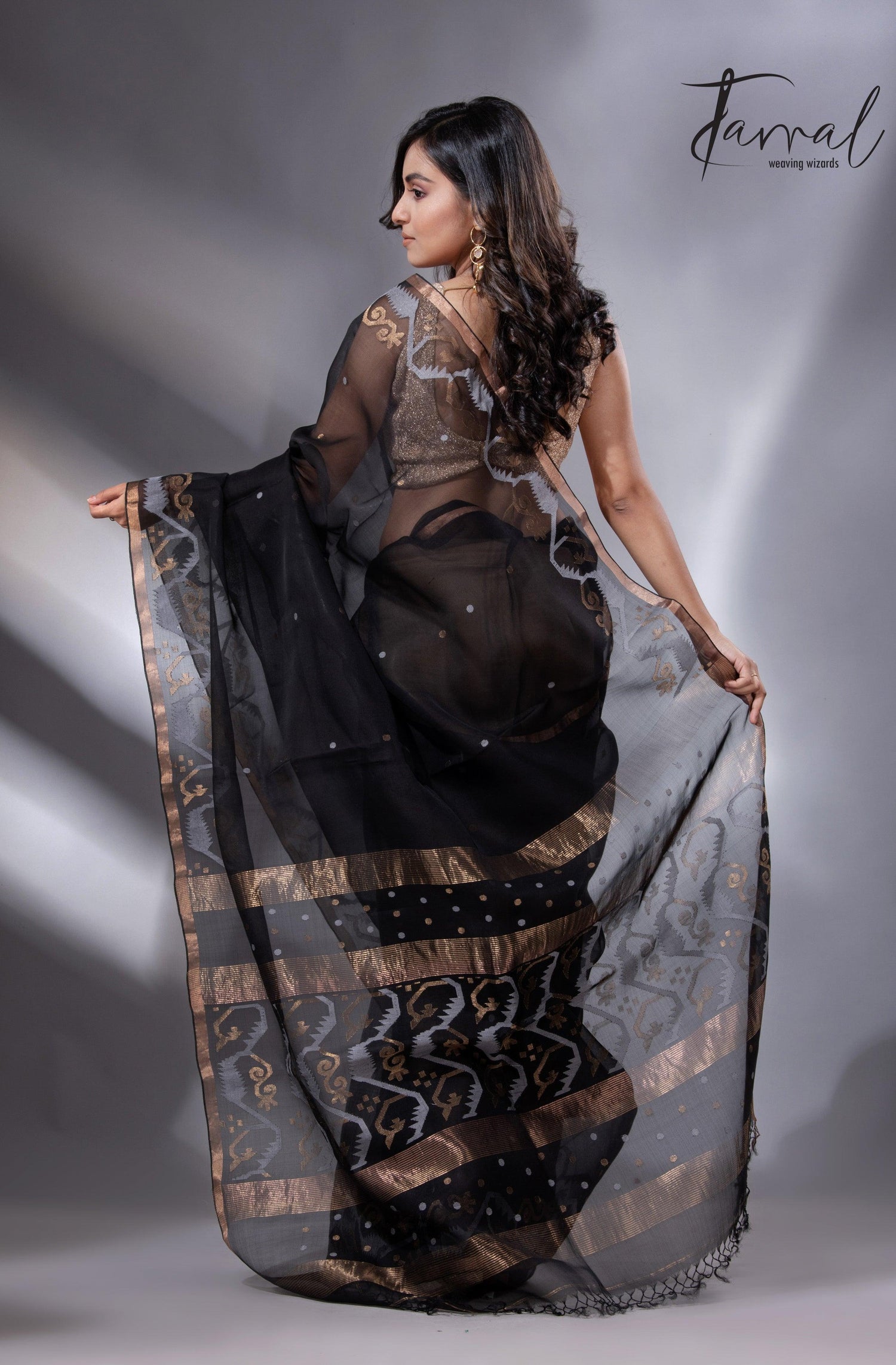 Black with zari border traditional handwoven muslin silk jamdani saree - Tamal Boutique