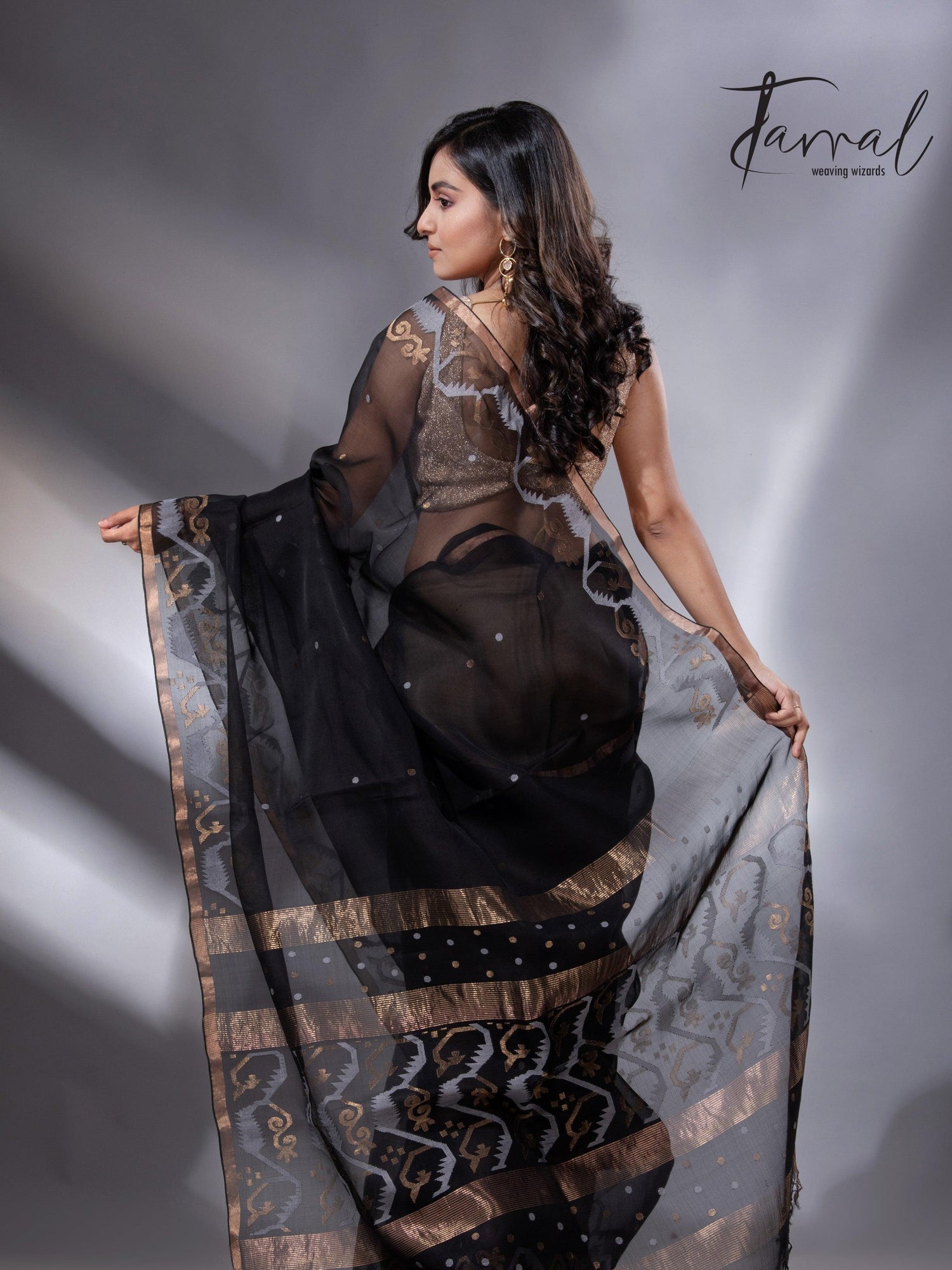 Black with zari border traditional handwoven muslin silk jamdani saree - Tamal Boutique