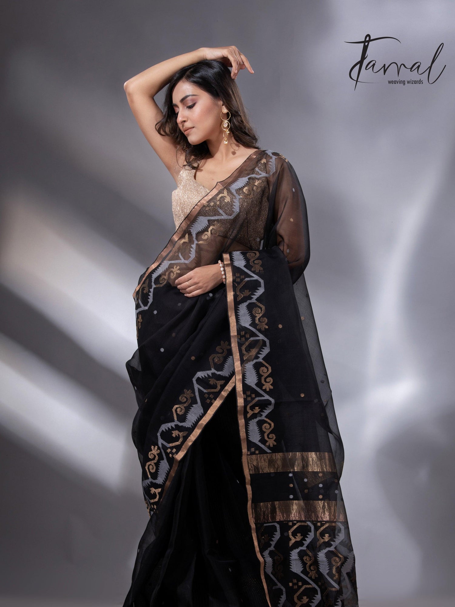 Black with zari border traditional handwoven muslin silk jamdani saree - Tamal Boutique