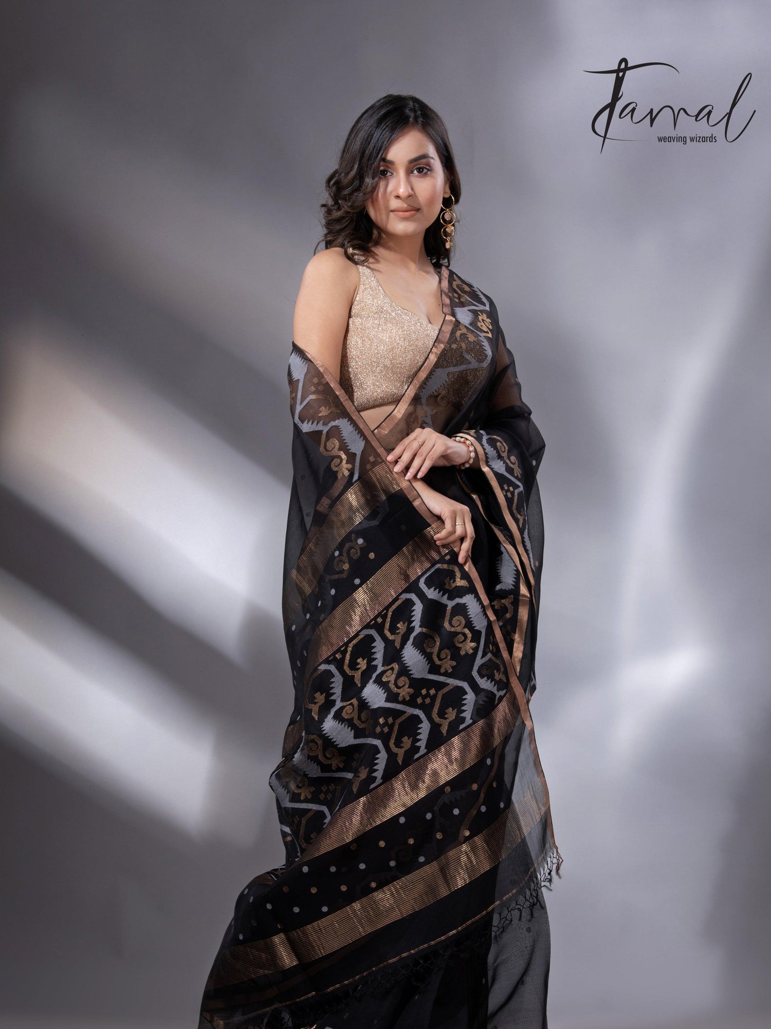 Black with zari border traditional handwoven muslin silk jamdani saree - Tamal Boutique