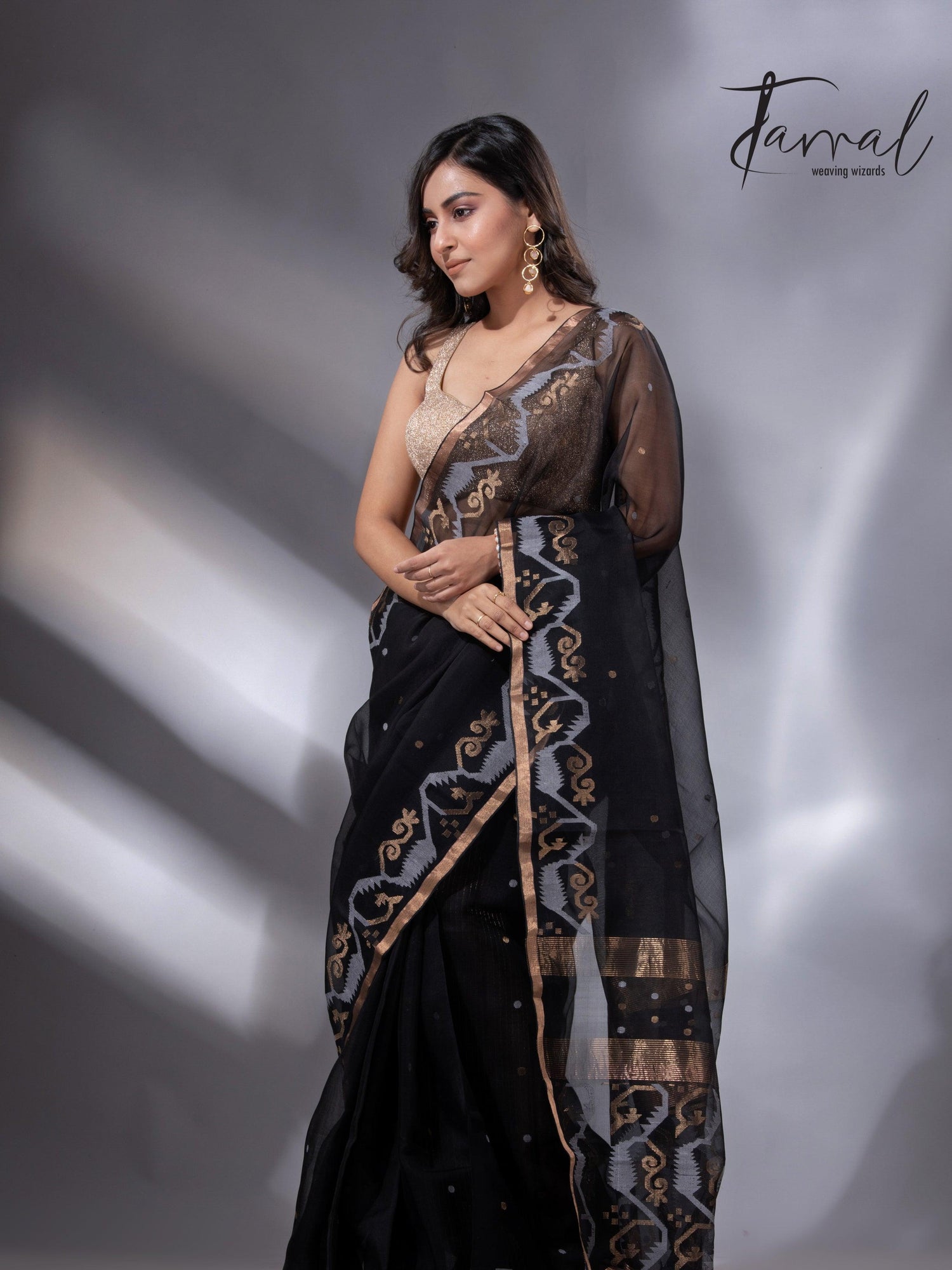 Black with zari border traditional handwoven muslin silk jamdani saree - Tamal Boutique