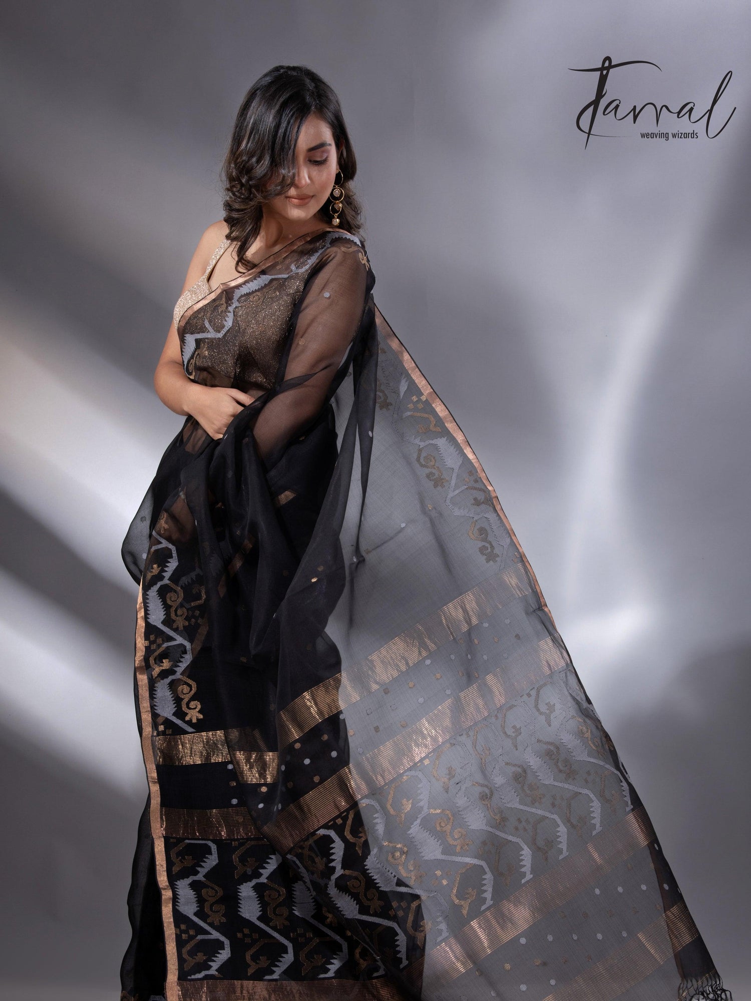 Black with zari border traditional handwoven muslin silk jamdani saree - Tamal Boutique