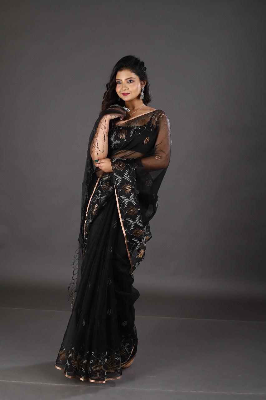 Black with zari border organza silk traditonal handwoven jamdani saree - Tamal Boutique