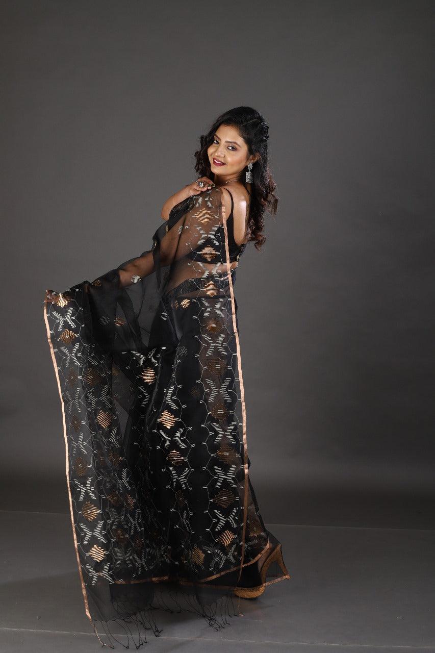 Black with zari border organza silk traditonal handwoven jamdani saree - Tamal Boutique