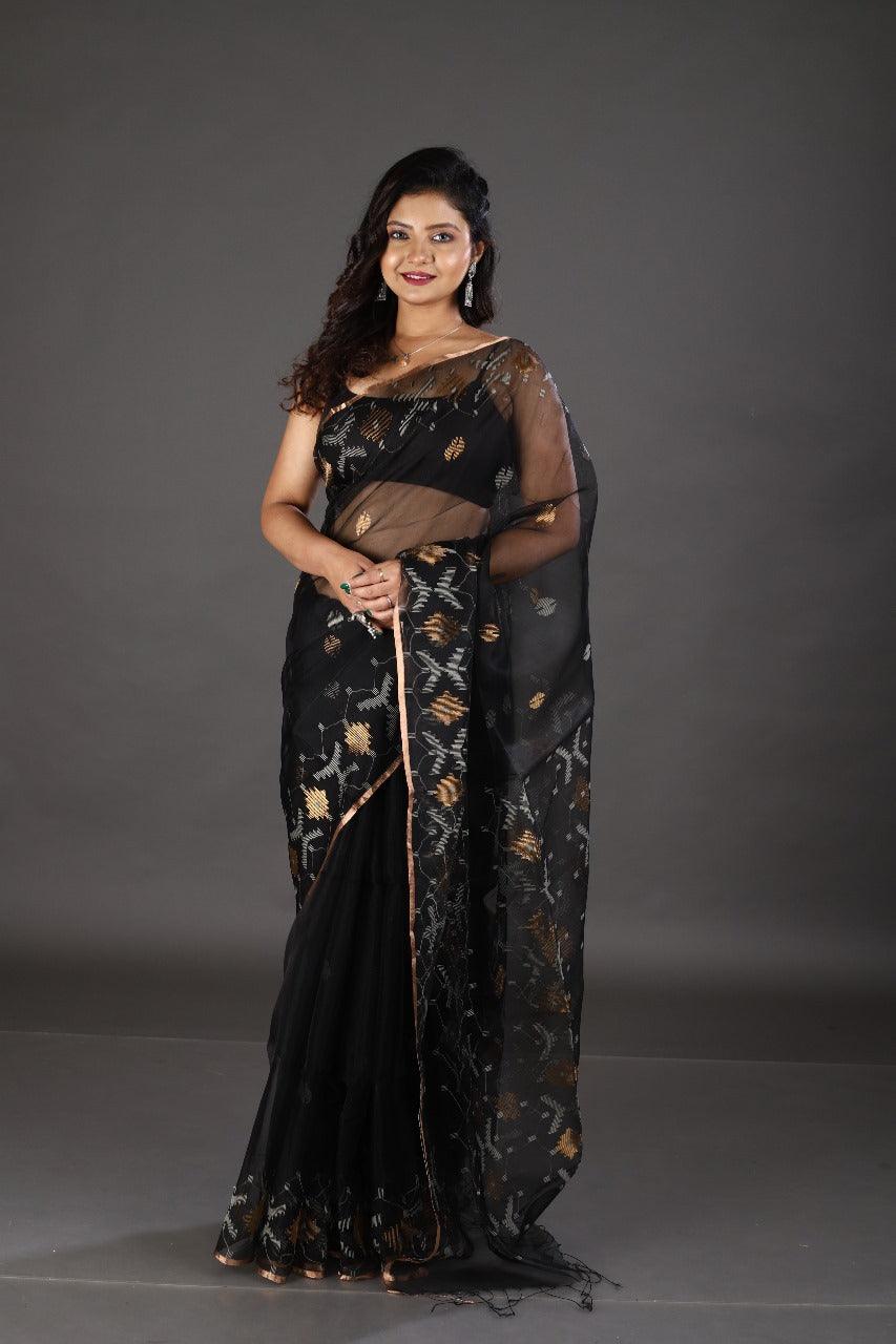Black with zari border organza silk traditonal handwoven jamdani saree - Tamal Boutique