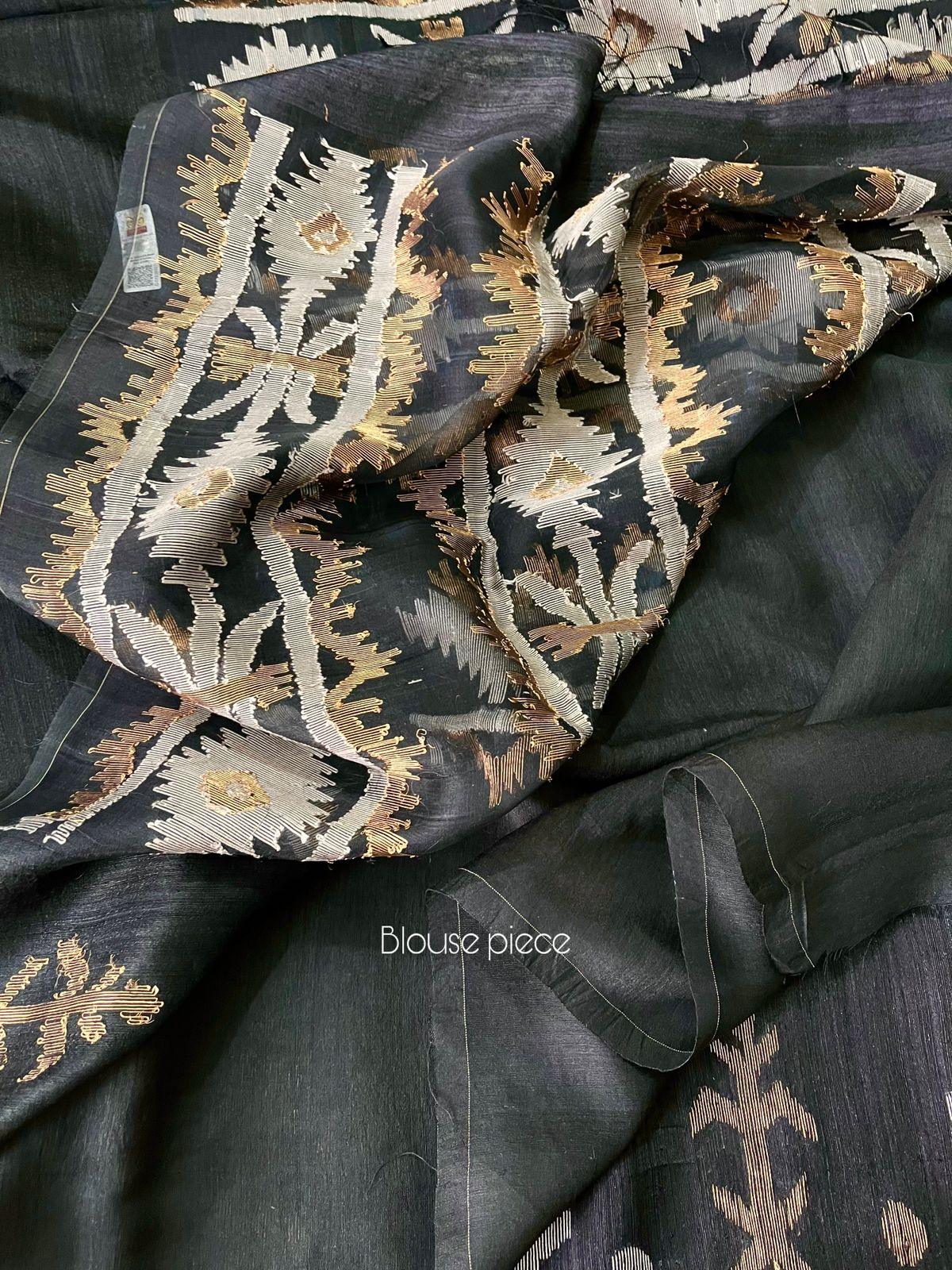 Black with golden zari traditional dhakai handwoven jamdani saree in matka silk - Tamal Boutique