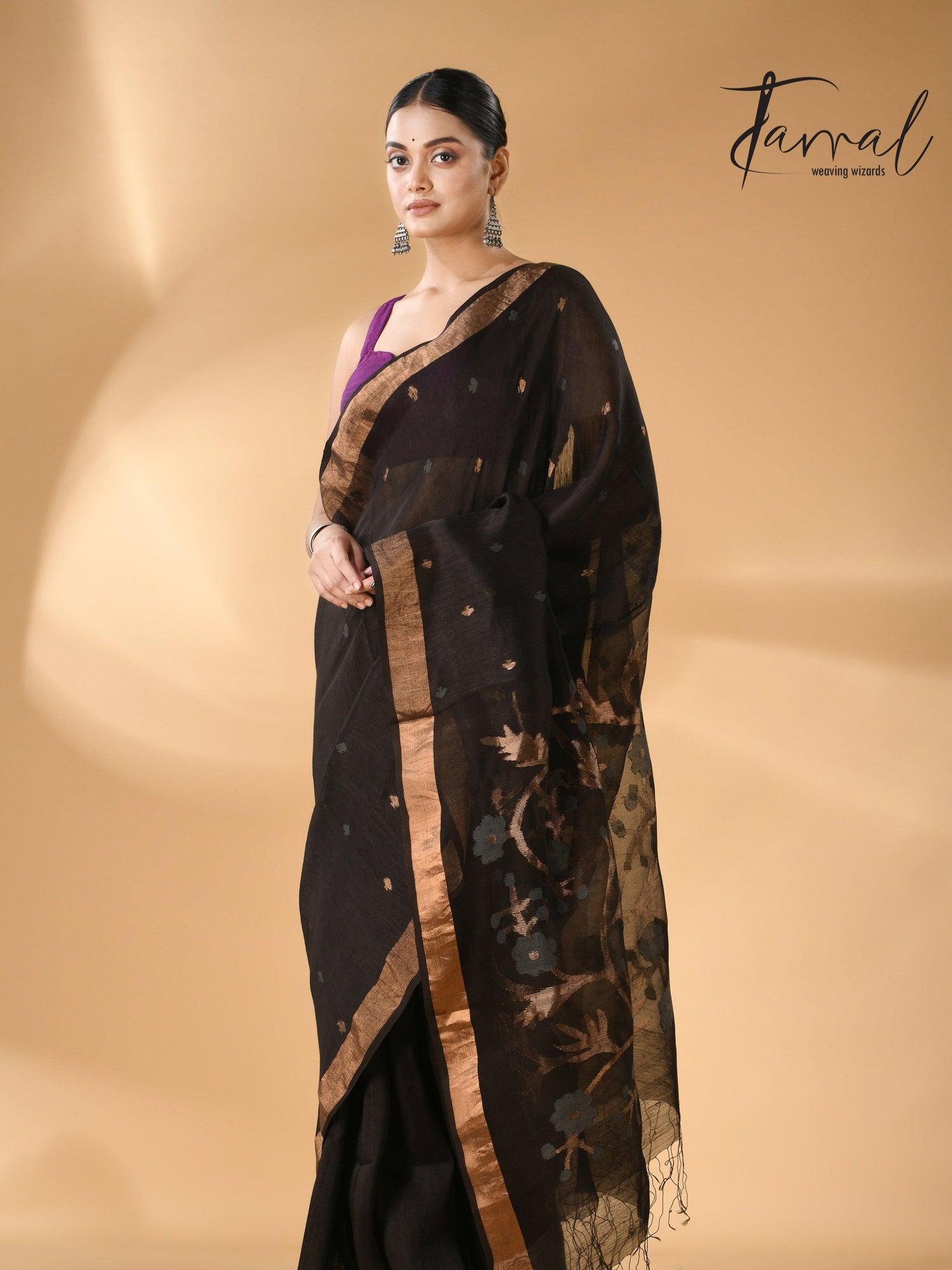 Black with zari border silk linen handwoven needle work Jamdani saree full