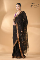 Black with zari border silk linen handwoven needle work Jamdani saree full