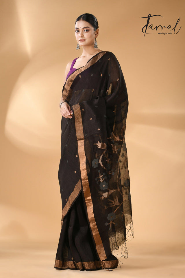 Black with zari border silk linen handwoven needle work Jamdani saree full