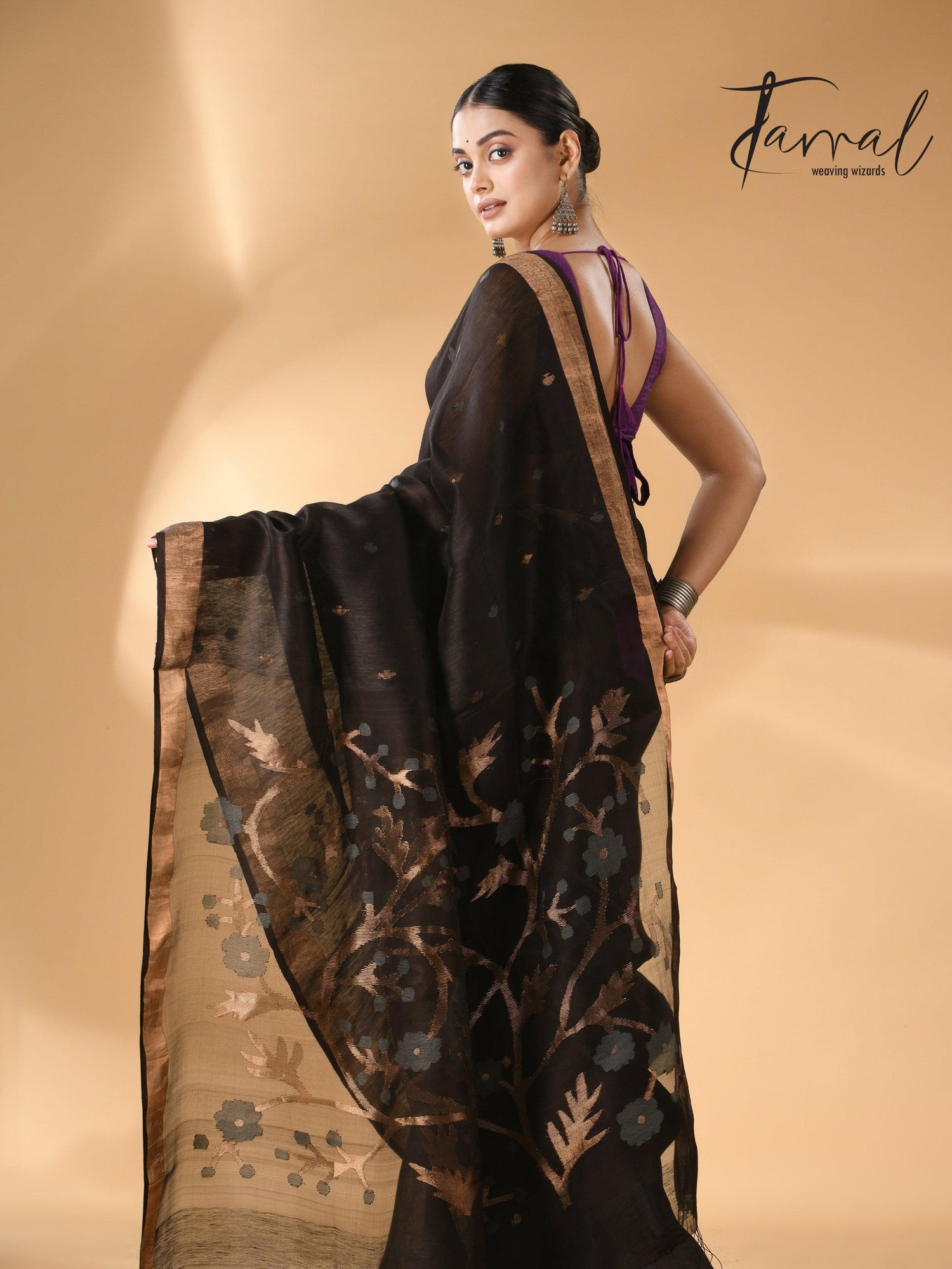Black with zari border silk linen handwoven needle work Jamdani saree back
