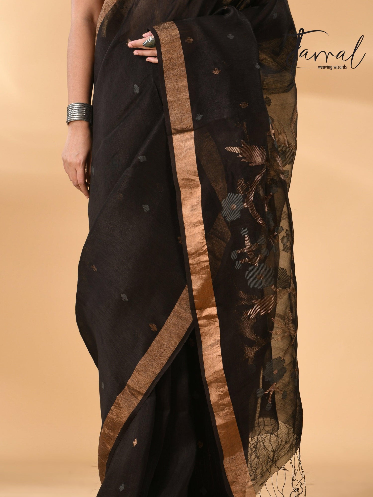 Black with zari border silk linen handwoven needle work Jamdani saree bottom